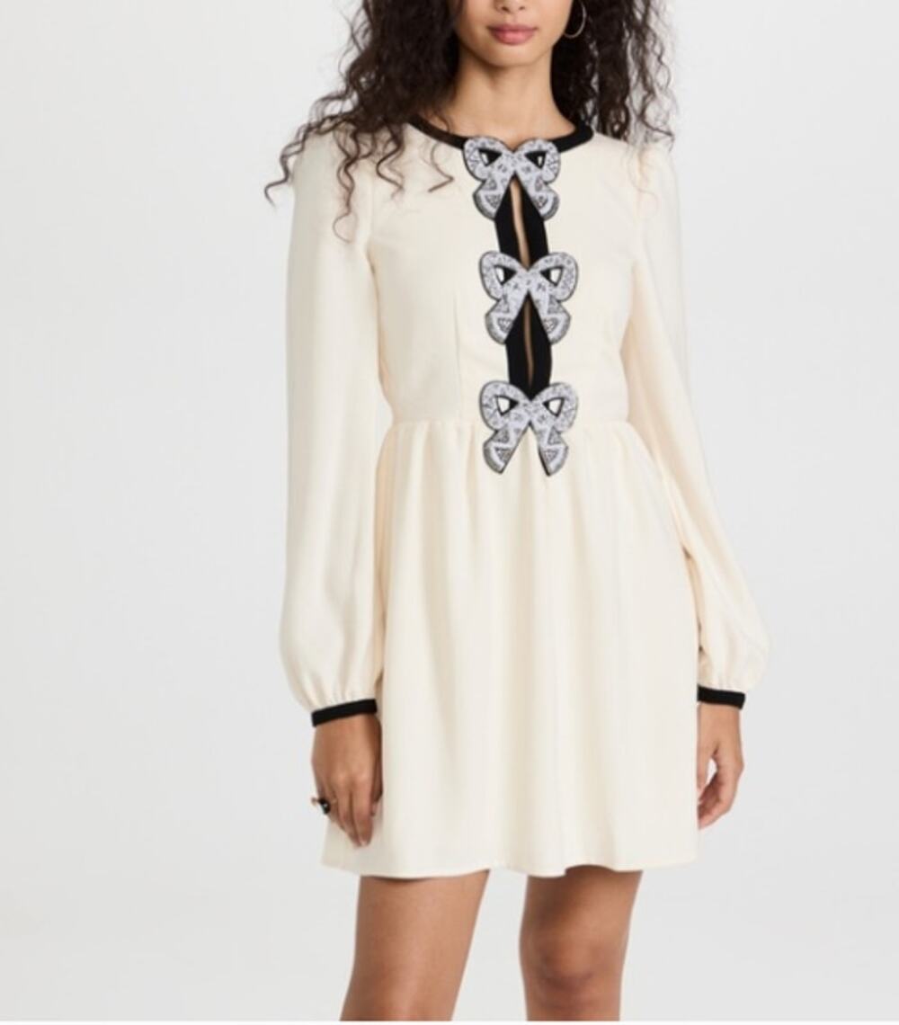 Saloni Camille Embellished Crepe Long Sleeve Mini Dress Cream Black Beads Size 8